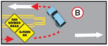 DMV image depicting a legal U-turn movement from the top view angle.